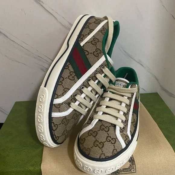 Gucci Women's Tan and Green Logo Sneakers - Picture 1 of 4
